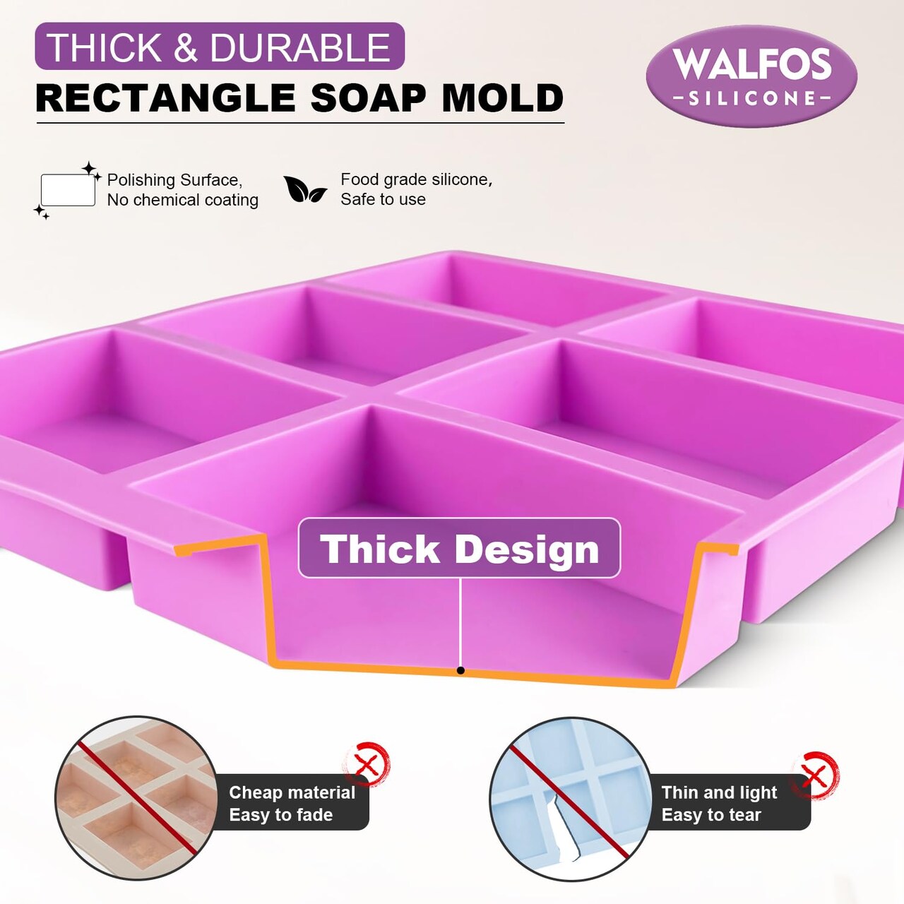 3 Pieces Silicone Soap Molds , 6 Cavities Rectangle Silicone Soap Molds for Homemade Craft Soap Mold, Cake Mold, Chocolate Mold & Ice Cube Tray(Blue & Purple & Pink)